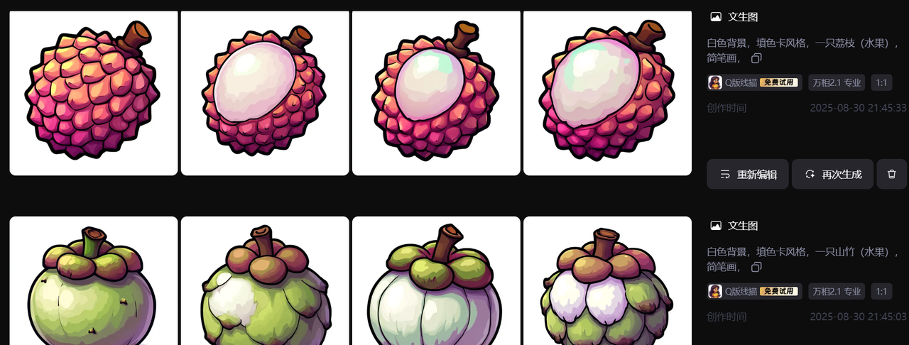 【办公类-39-06】20250830通义万相水果图（万相2.1专业Q版线描风格+万相专业2.2默认简笔画效果）