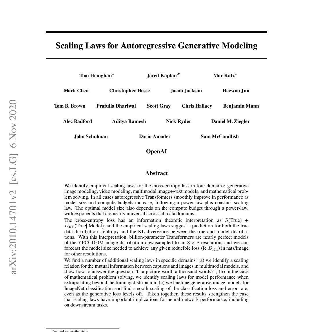 这篇论文《Scaling Laws for Autoregressive Generative Modeling》探讨了自回归生成模型的缩放规律，主要集中在以下几个方面： 1. 缩放规律的识别：研究表明，自回归Transformer模型在生成图像、视频、多模态图像与文本模型以及数学问题解决等多个领域中，随着模型规模和计算预算的增加，性能平滑提升，遵循幂律加常数的缩放规律