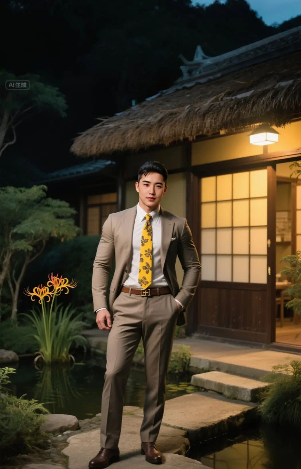 一栋宁静的日式建筑坐落在郁郁葱葱的绿树之中，门前有池塘，入口处有踏脚石