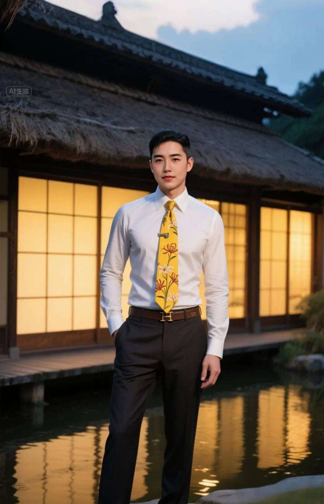 一栋宁静的日式建筑坐落在郁郁葱葱的绿树之中，门前有池塘，入口处有踏脚石