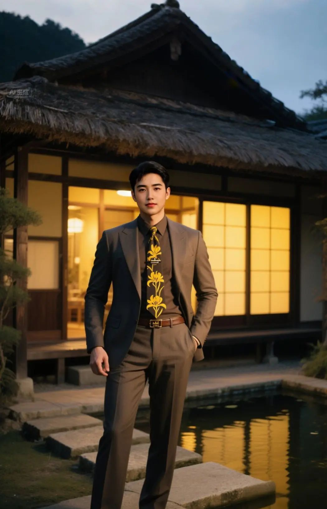 一栋宁静的日式建筑坐落在郁郁葱葱的绿树之中，门前有池塘，入口处有踏脚石