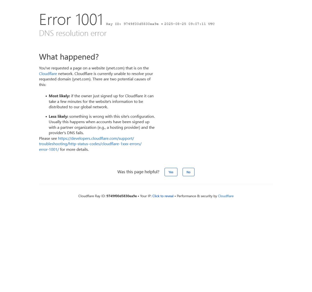 DNS resolution error | ynet.com | Cloudflare