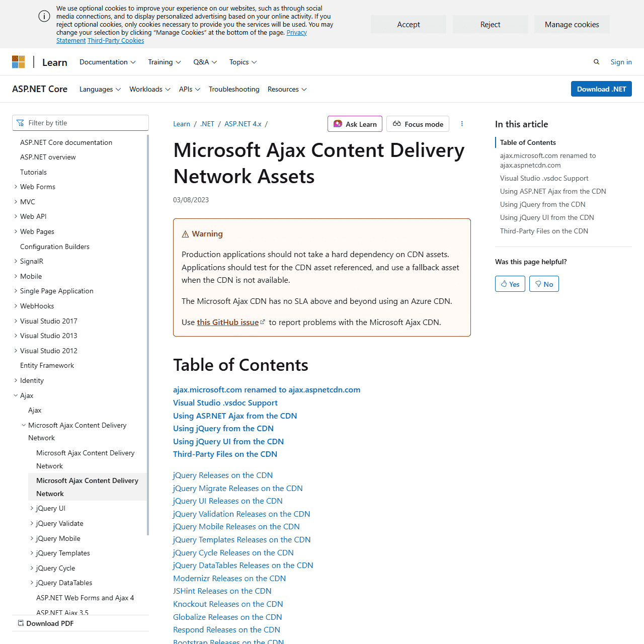 Microsoft Ajax Content Delivery Network Assets | Microsoft Learn