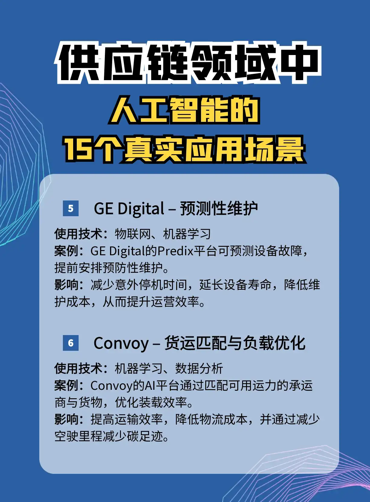 AI如何重塑全球供应链？这15个落地场景绝了！   【供应链管理新纪元】  AI用这些黑科技重新定义行业  智能需求预测  实时库存调控  全链路风险预警  自动化物流矩阵   【国际巨头都在卷的技术】  机器学习动态优化  预测分析预判市场波动  仓储机器人军团  区块链防伪溯源   【肉眼可见的收益】  头部企业已验证闭环  运营成本断崖式下降  打造绿色供应链   #AI供应链革命