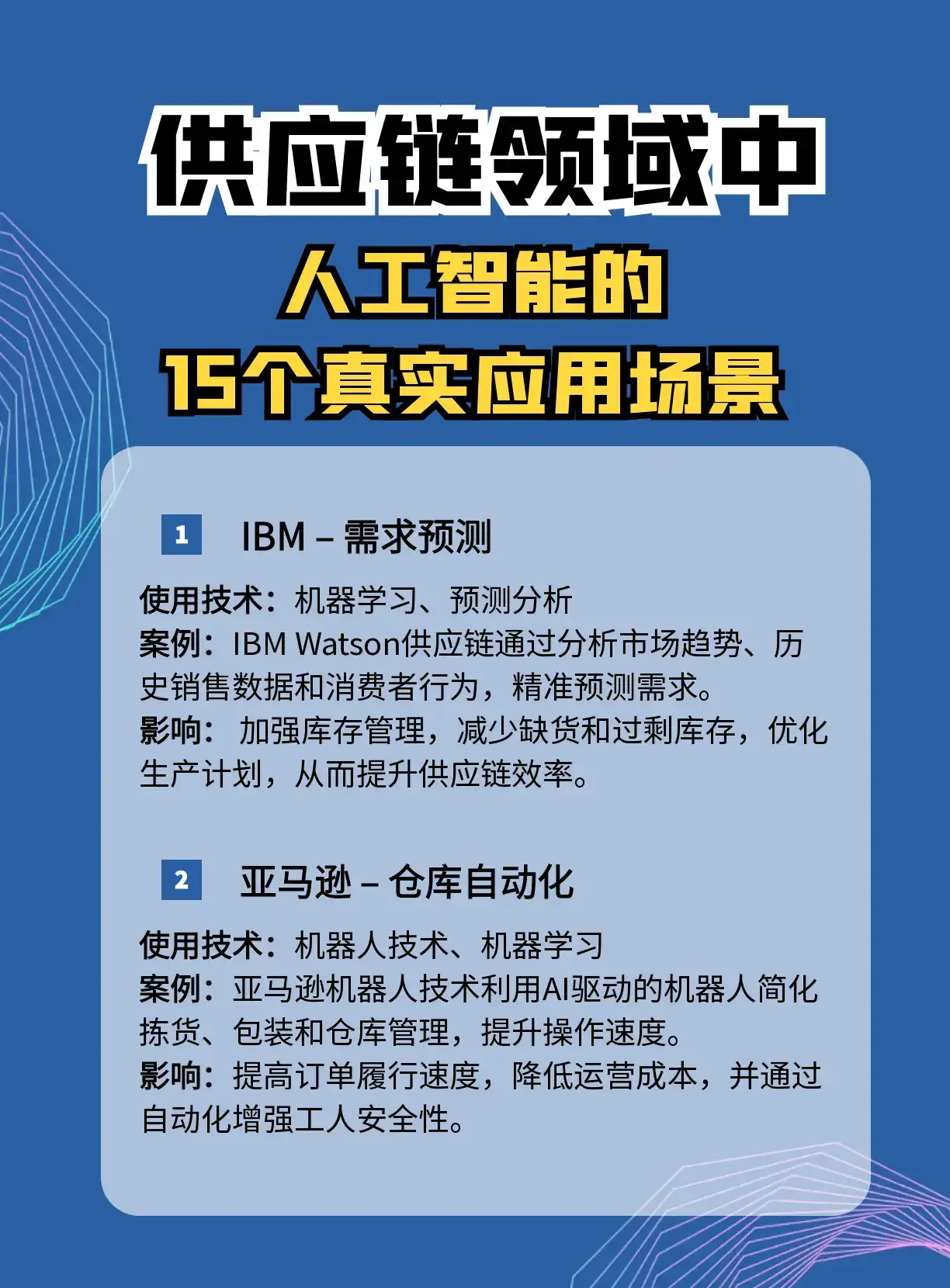 AI如何重塑全球供应链？这15个落地场景绝了！   【供应链管理新纪元】  AI用这些黑科技重新定义行业  智能需求预测  实时库存调控  全链路风险预警  自动化物流矩阵   【国际巨头都在卷的技术】  机器学习动态优化  预测分析预判市场波动  仓储机器人军团  区块链防伪溯源   【肉眼可见的收益】  头部企业已验证闭环  运营成本断崖式下降  打造绿色供应链   #AI供应链革命