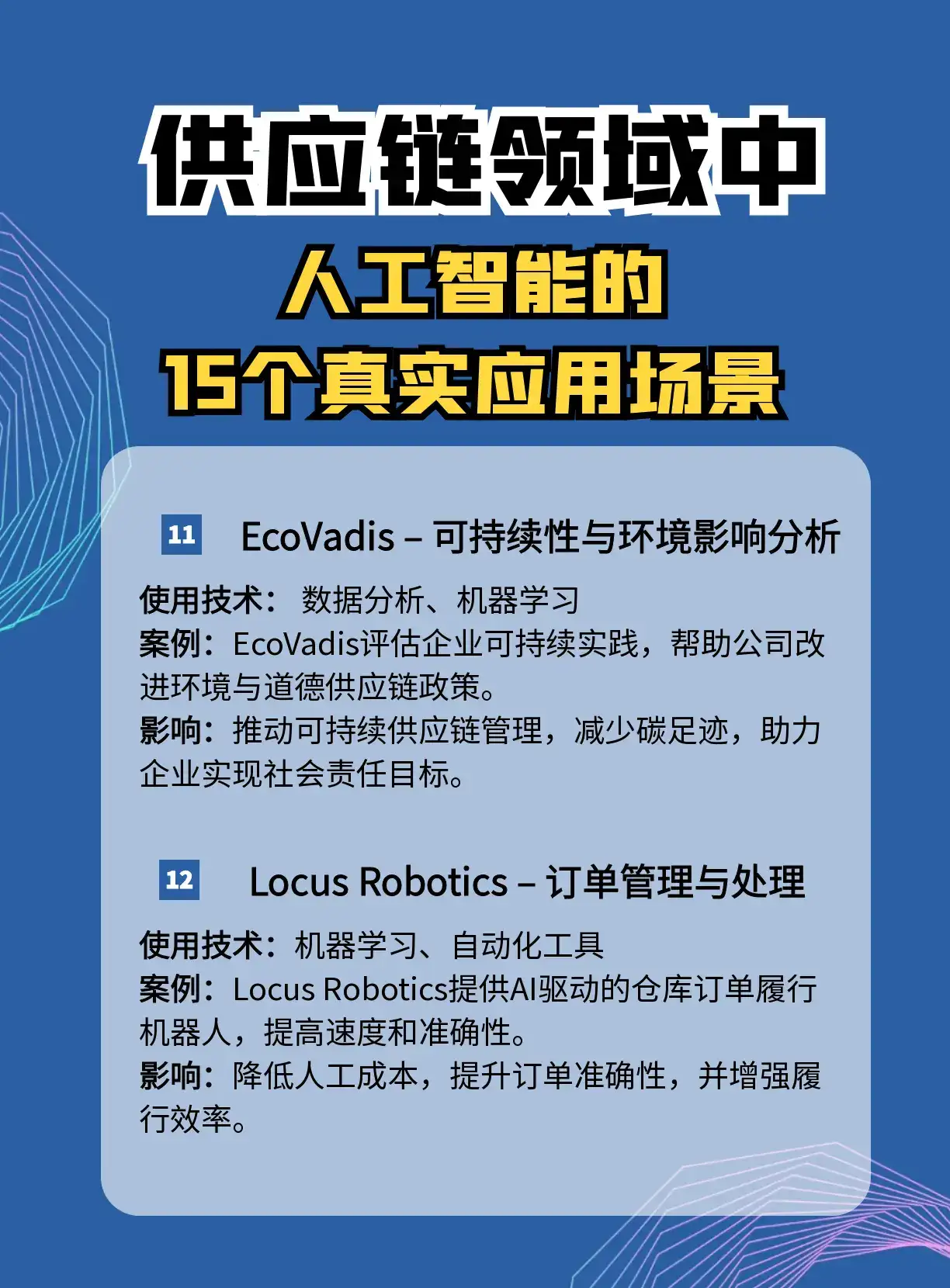 AI如何重塑全球供应链？这15个落地场景绝了！   【供应链管理新纪元】  AI用这些黑科技重新定义行业  智能需求预测  实时库存调控  全链路风险预警  自动化物流矩阵   【国际巨头都在卷的技术】  机器学习动态优化  预测分析预判市场波动  仓储机器人军团  区块链防伪溯源   【肉眼可见的收益】  头部企业已验证闭环  运营成本断崖式下降  打造绿色供应链   #AI供应链革命
