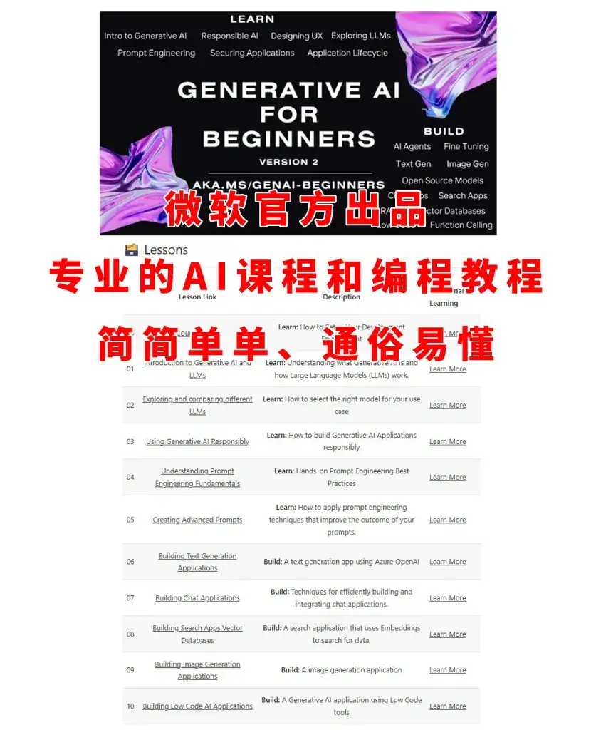微软官方出品，专业的AI课程和编程教程！