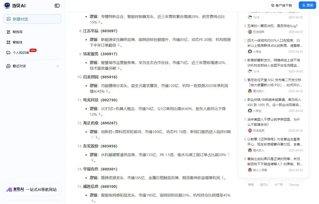 用当贝AI预测可能涨停的股票