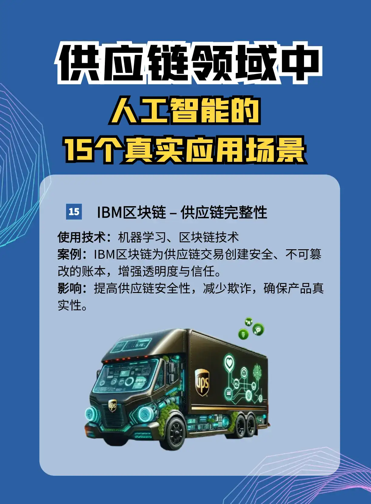 AI如何重塑全球供应链？这15个落地场景绝了！   【供应链管理新纪元】  AI用这些黑科技重新定义行业  智能需求预测  实时库存调控  全链路风险预警  自动化物流矩阵   【国际巨头都在卷的技术】  机器学习动态优化  预测分析预判市场波动  仓储机器人军团  区块链防伪溯源   【肉眼可见的收益】  头部企业已验证闭环  运营成本断崖式下降  打造绿色供应链   #AI供应链革命