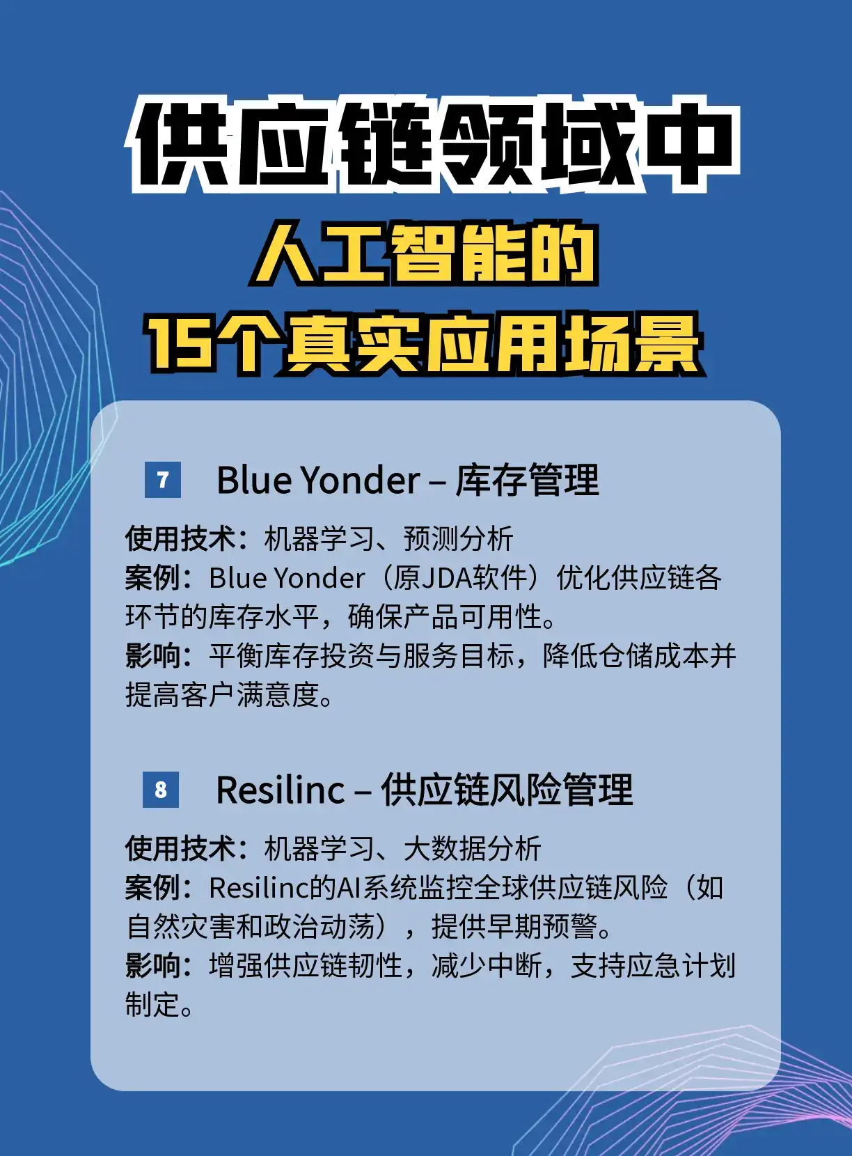 AI如何重塑全球供应链？这15个落地场景绝了！   【供应链管理新纪元】  AI用这些黑科技重新定义行业  智能需求预测  实时库存调控  全链路风险预警  自动化物流矩阵   【国际巨头都在卷的技术】  机器学习动态优化  预测分析预判市场波动  仓储机器人军团  区块链防伪溯源   【肉眼可见的收益】  头部企业已验证闭环  运营成本断崖式下降  打造绿色供应链   #AI供应链革命