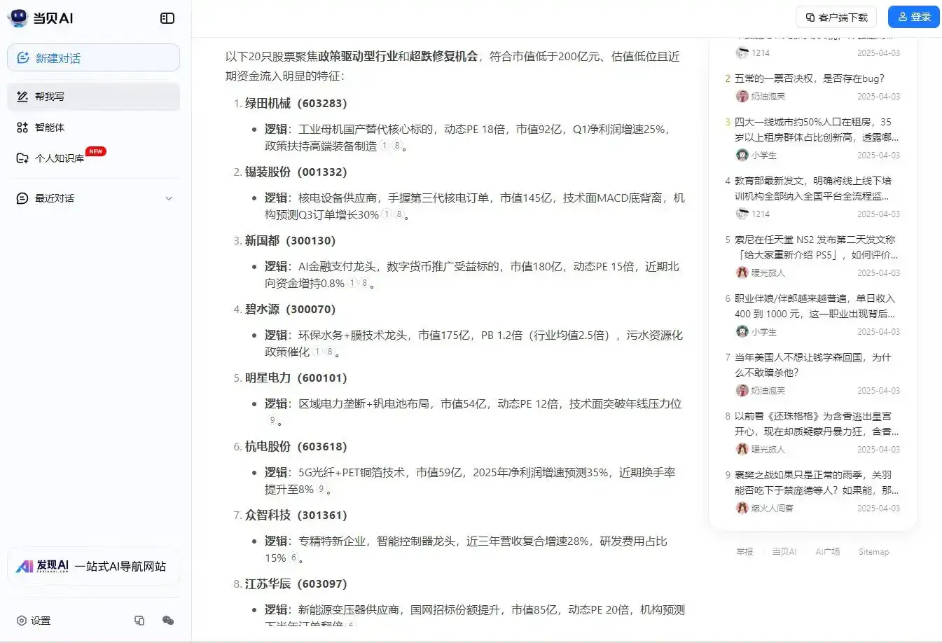 用当贝AI预测可能涨停的股票