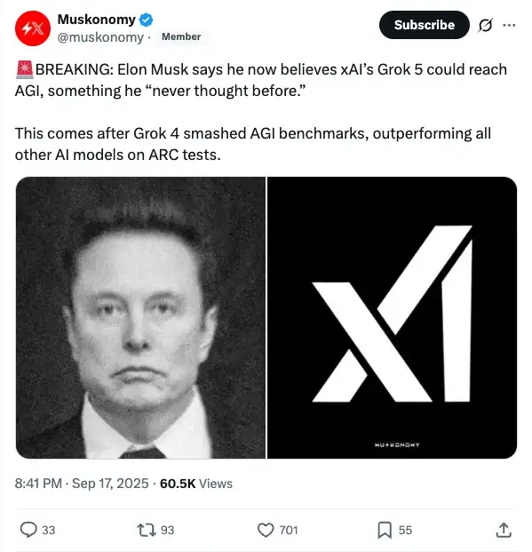 Musk首次认为Grok 5或将实现AGI
