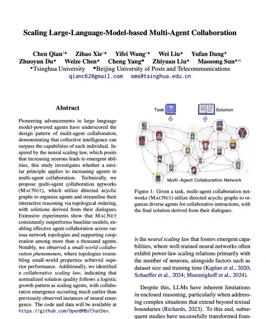 清华提出 Multi Agent 协作的 Scaling Law